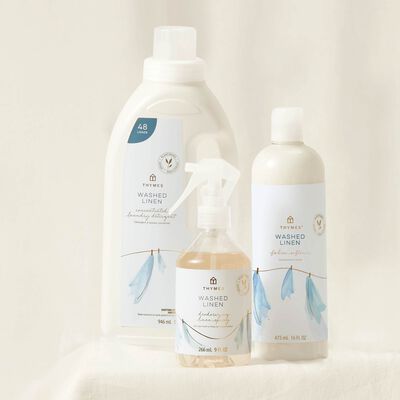 Thymes Washed Linen Deodorizing Linen Spray to Freshen Fabrics and Furniture featured with Thymes Washed Linen Concentrated Laundry Detergent and Fabric Softener